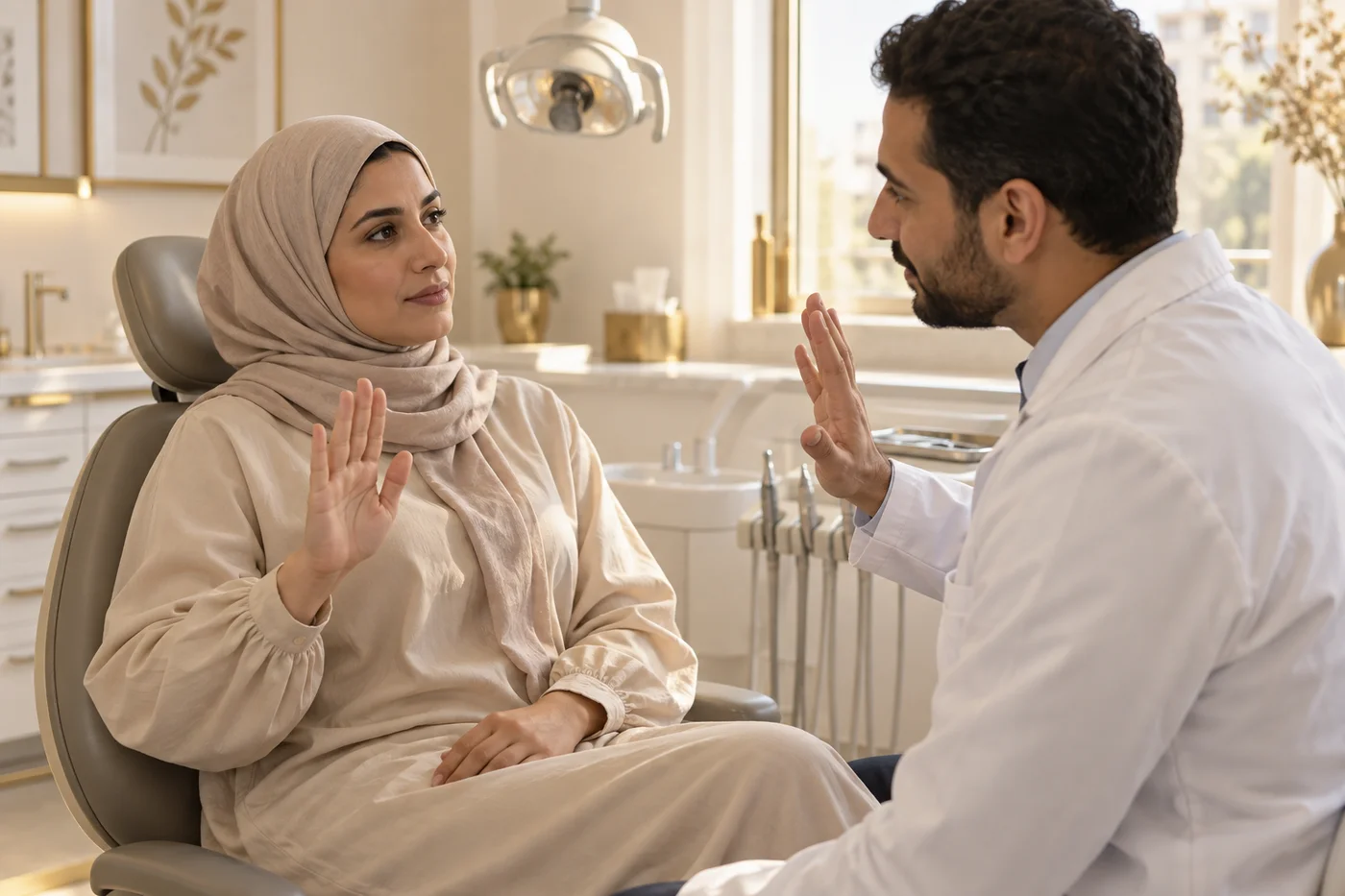 صورة توضيحية مولّدة لمريضة وطبيب بيتفقوا على إشارة للتوقف، مش مريضة حقيقية لجيميني